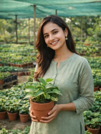 Smiling woman at Gayatri Nursery in Amravati standing among healthy green plants