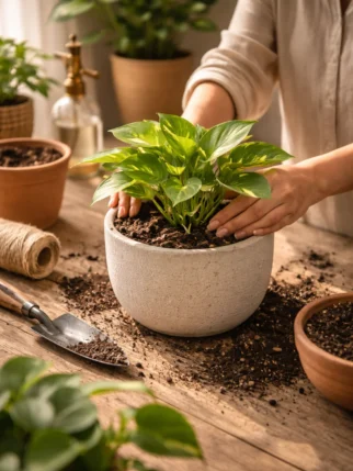 Hands carefully repotting a healthy green indoor plant in a ceramic pot on a wooden table with gardening tools and soil.