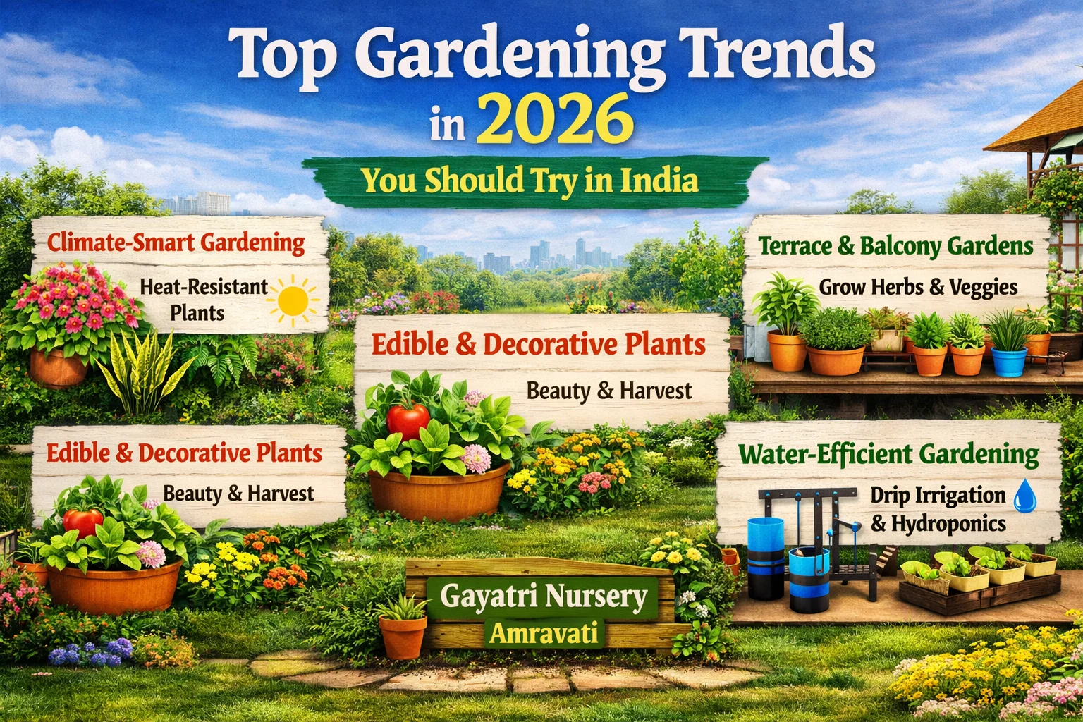 Top gardening trends in 2026 in India including terrace gardening, climate-smart plants and water-efficient gardening