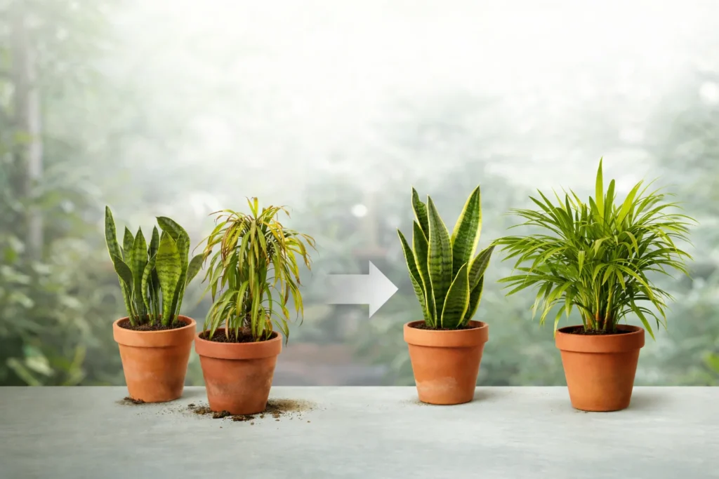 unhealthy vs healthy indoor plants comparison plant care diagnosis